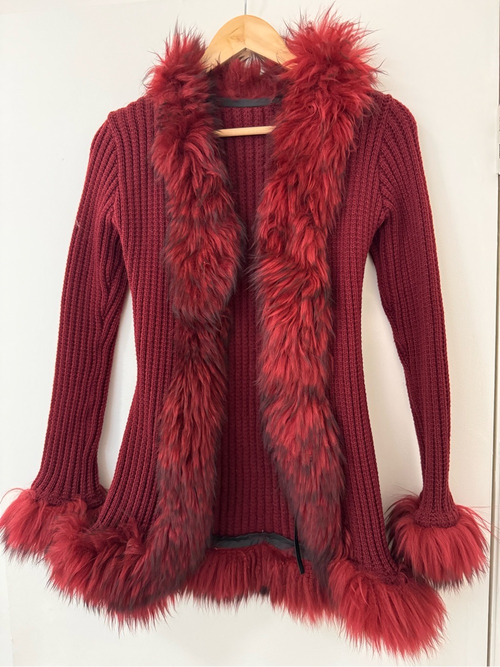 Burgundy Ribbed Knit Cardigan with Faux Fur Trim Y2K